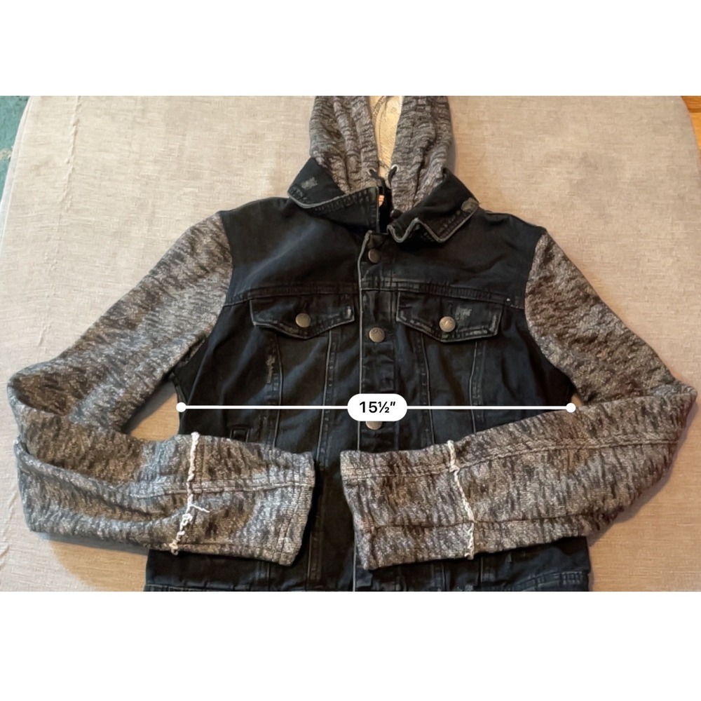 Free People Black Denim Hooded Jacket Distressed Grey Knit Sleeves - Picture 3 of 6